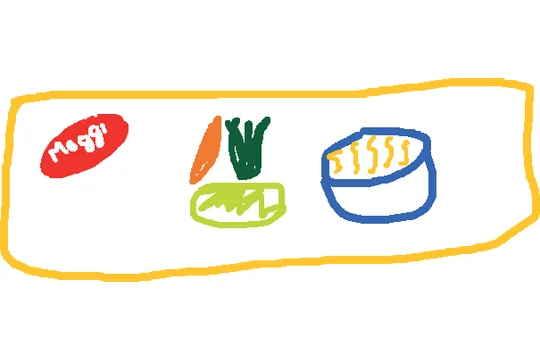 A reader’s drawing for Maggi: Drew the whole meal: packet, vegetables and a bowl